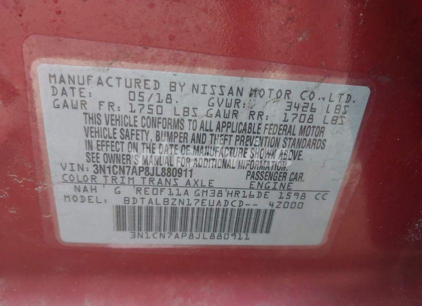 Photo 9 of 2018 Nissan Versa 1.6 SV (VIN 3N1CN7AP8JL880911)