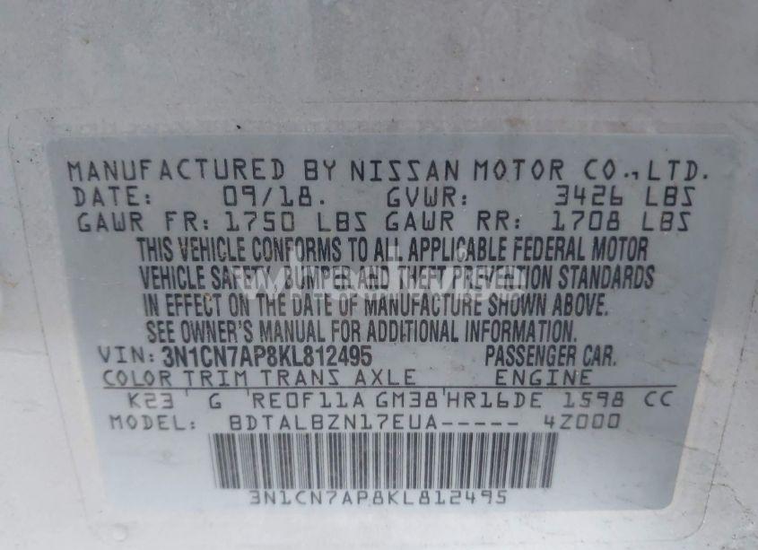 Photo 9 of 2019 Nissan Versa 1.6 SV (VIN 3N1CN7AP8KL812495)