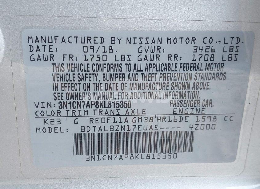 Photo 9 of 2019 Nissan Versa 1.6 SV (VIN 3N1CN7AP8KL815350)