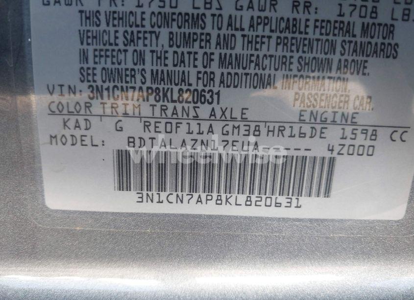 Photo 9 of 2019 Nissan Versa 1.6 S+ (VIN 3N1CN7AP8KL820631)