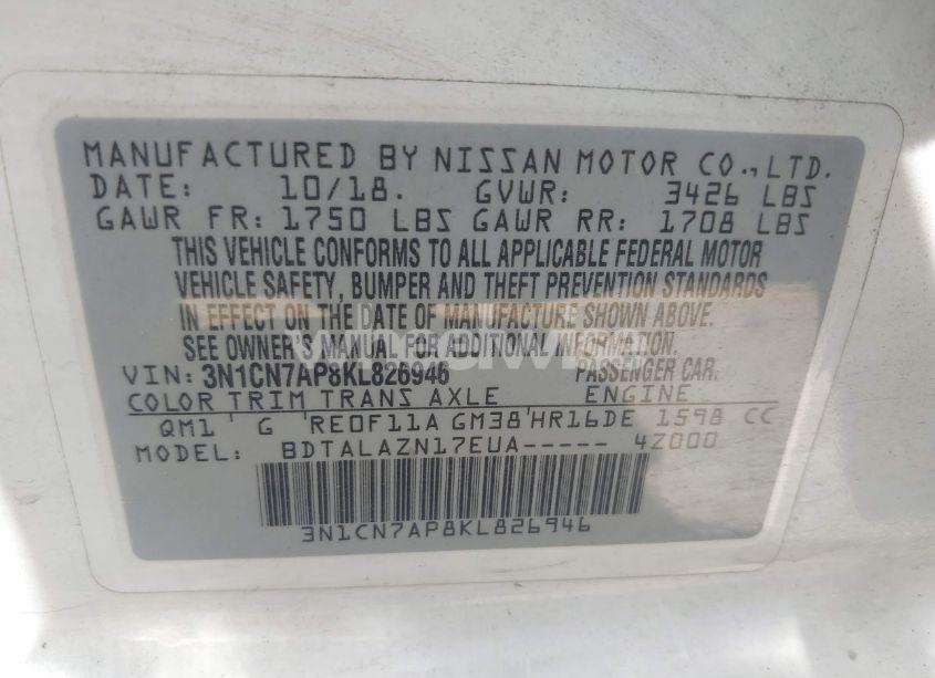 Photo 9 of 2019 Nissan Versa 1.6 S+ (VIN 3N1CN7AP8KL826946)