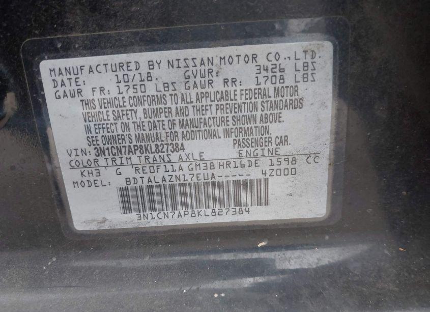 Photo 9 of 2019 Nissan Versa 1.6 S+ (VIN 3N1CN7AP8KL827384)