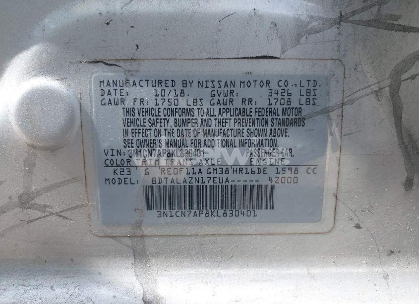 Photo 9 of 2019 Nissan Versa 1.6 S+ (VIN 3N1CN7AP8KL830401)