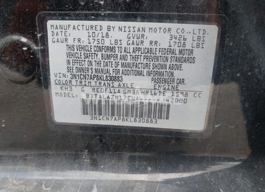 Photo 9 of 2019 Nissan Versa 1.6 S+ (VIN 3N1CN7AP8KL830883)