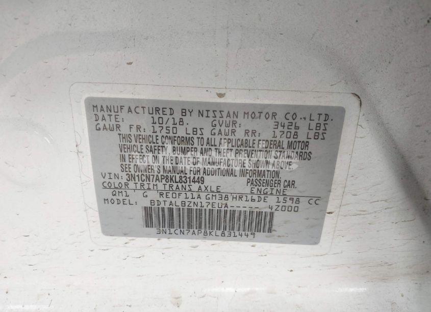 Photo 9 of 2019 Nissan Versa 1.6 SV (VIN 3N1CN7AP8KL831449)