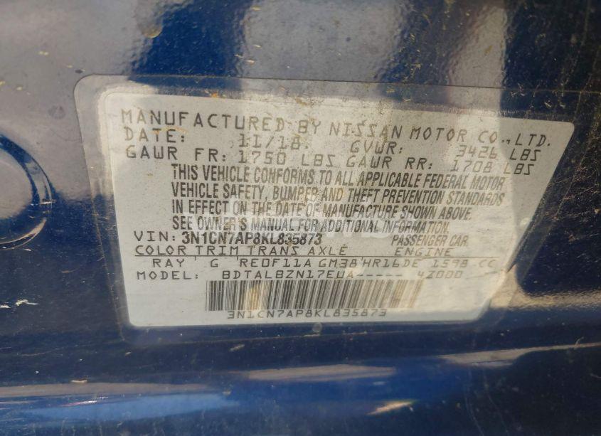 Photo 9 of 2019 Nissan Versa 1.6 SV (VIN 3N1CN7AP8KL835873)