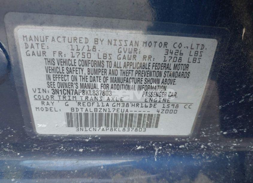 Photo 9 of 2019 Nissan Versa 1.6 SV (VIN 3N1CN7AP8KL837803)