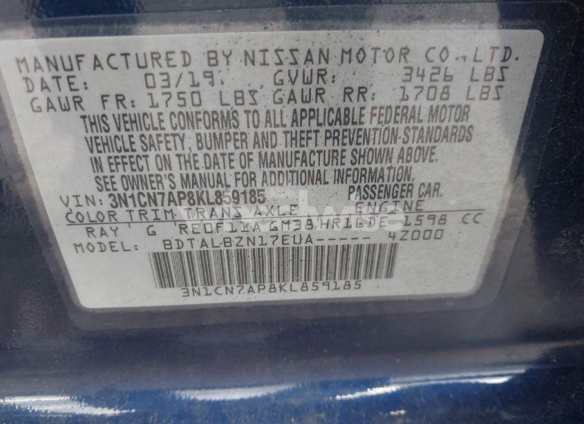 Photo 9 of 2019 Nissan Versa 1.6 SV (VIN 3N1CN7AP8KL859185)