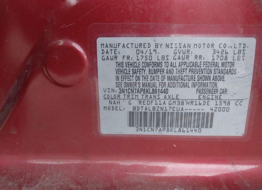 Photo 9 of 2019 Nissan Versa 1.6 SV (VIN 3N1CN7AP8KL861440)