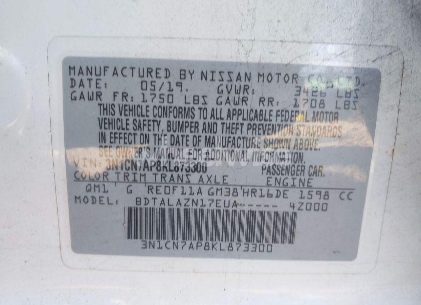 Photo 9 of 2019 Nissan Versa 1.6 S+ (VIN 3N1CN7AP8KL873300)