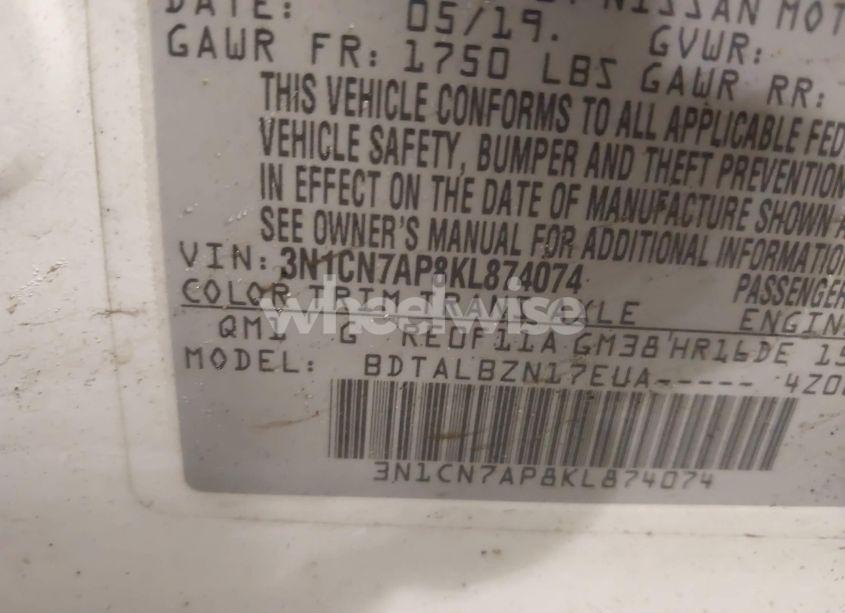 Photo 9 of 2019 Nissan Versa 1.6 SV (VIN 3N1CN7AP8KL874074)