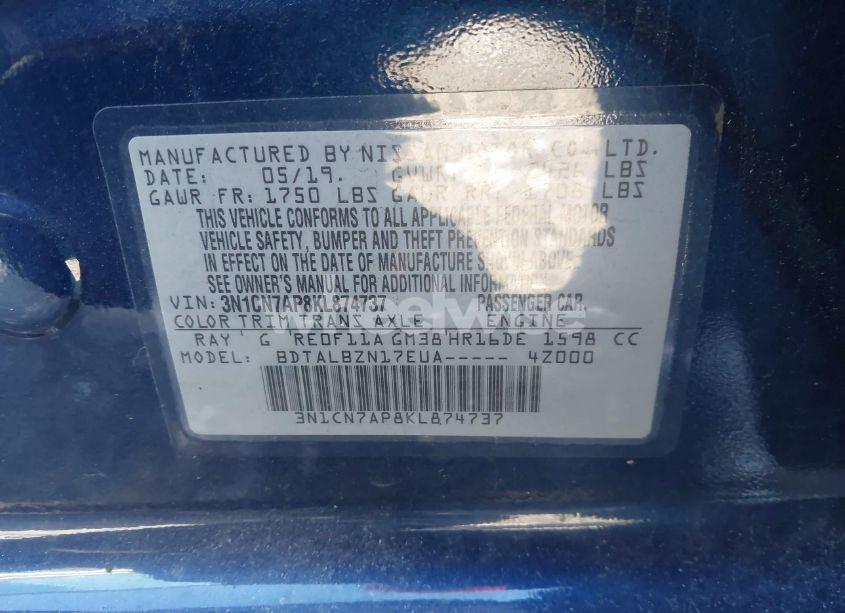 Photo 9 of 2019 Nissan Versa 1.6 SV (VIN 3N1CN7AP8KL874737)