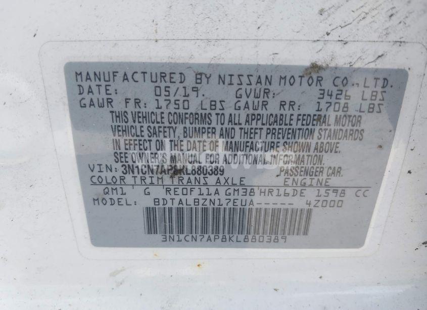 Photo 9 of 2019 Nissan Versa 1.6 SV (VIN 3N1CN7AP8KL880389)