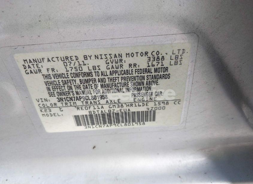 Photo 9 of 2012 Nissan Versa 1.6 SV (VIN 3N1CN7AP9CL801958)