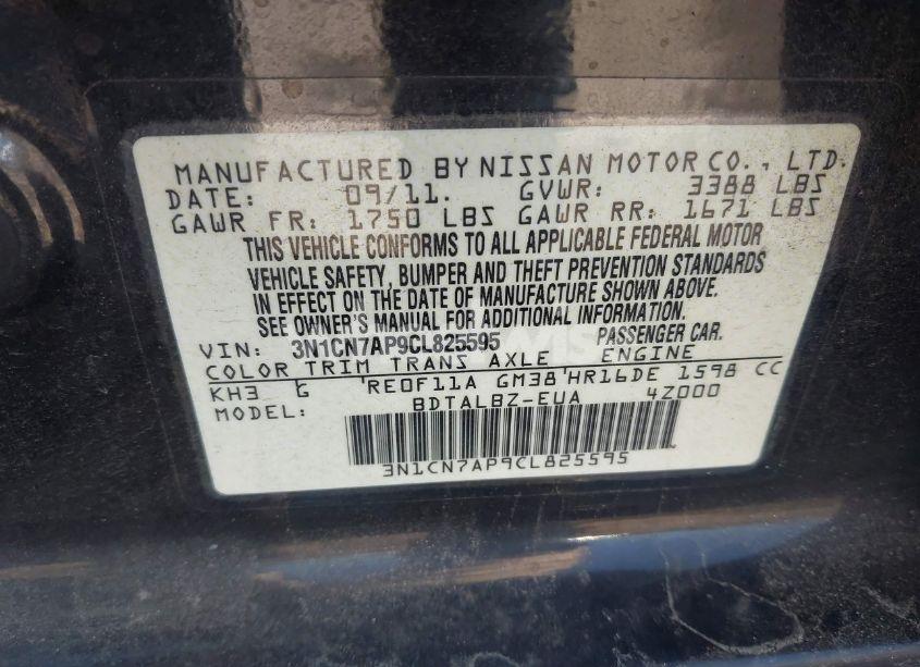 Photo 9 of 2012 Nissan Versa 1.6 SV (VIN 3N1CN7AP9CL825595)