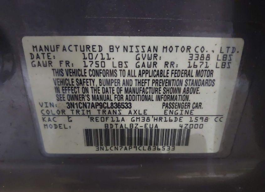 Photo 9 of 2012 Nissan Versa 1.6 SV (VIN 3N1CN7AP9CL836533)