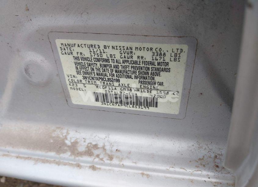 Photo 9 of 2012 Nissan Versa 1.6 SV (VIN 3N1CN7AP9CL853199)