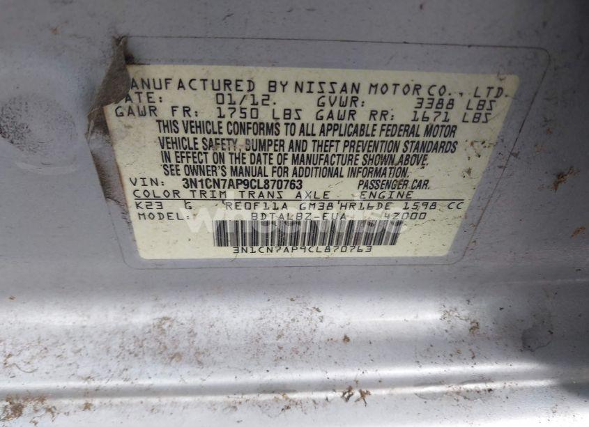 Photo 9 of 2012 Nissan Versa 1.6 SV (VIN 3N1CN7AP9CL870763)