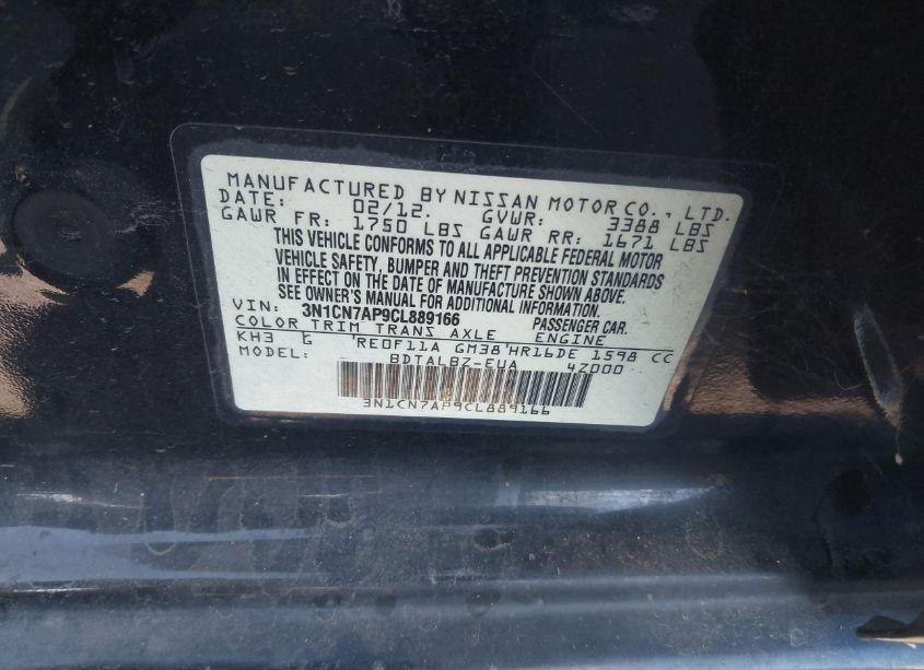 Photo 9 of 2012 Nissan Versa 1.6 SV (VIN 3N1CN7AP9CL889166)