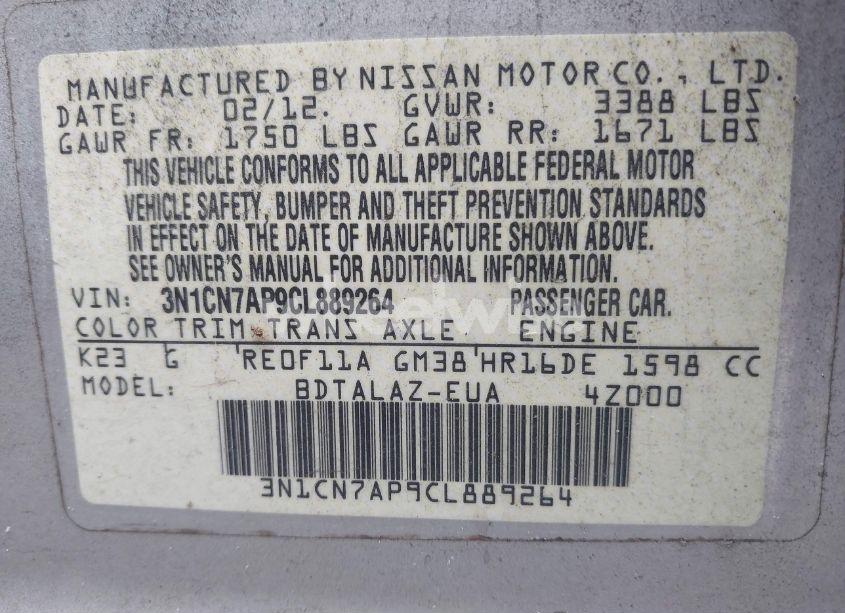 Photo 9 of 2012 Nissan Versa 1.6 S (VIN 3N1CN7AP9CL889264)