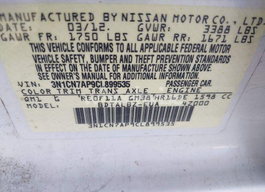 Photo 9 of 2012 Nissan Versa 1.6 SV (VIN 3N1CN7AP9CL899535)