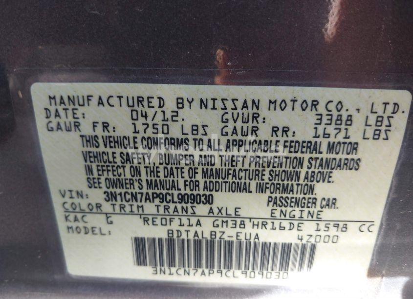 Photo 9 of 2012 Nissan Versa 1.6 SV (VIN 3N1CN7AP9CL909030)