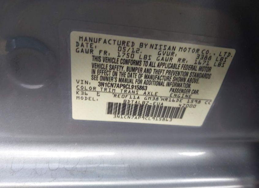 Photo 9 of 2012 Nissan Versa 1.6 SV (VIN 3N1CN7AP9CL915863)