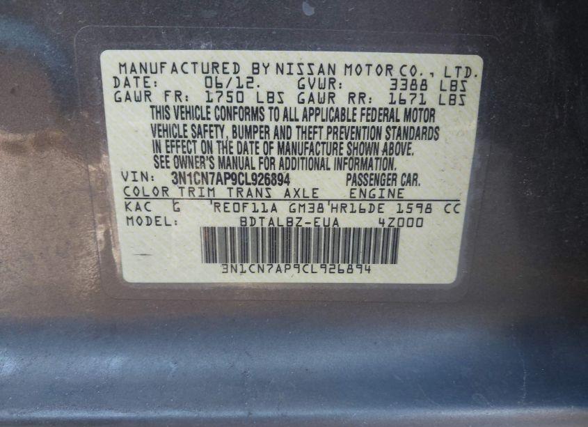 Photo 9 of 2012 Nissan Versa 1.6 SV (VIN 3N1CN7AP9CL926894)