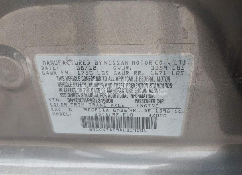 Photo 9 of 2013 Nissan Versa 1.6 SV (VIN 3N1CN7AP9DL819006)