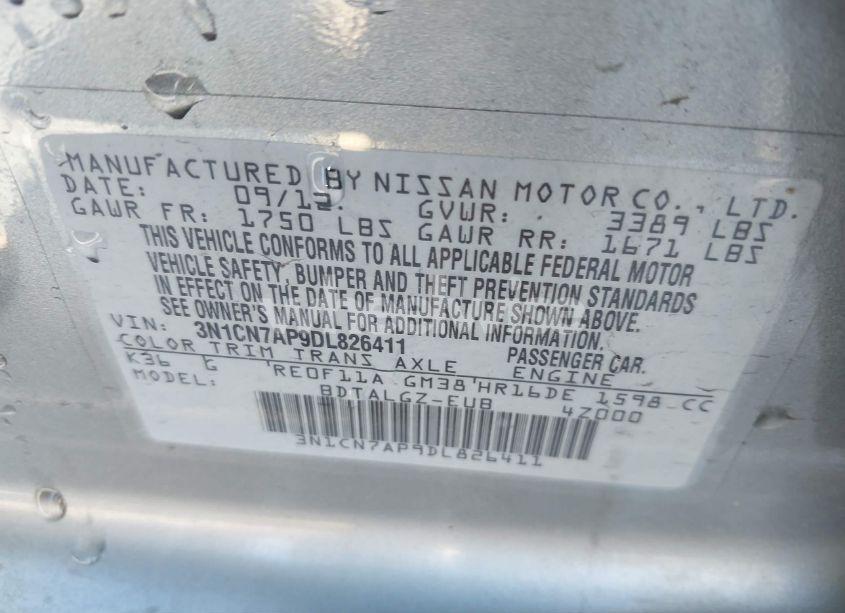 Photo 9 of 2013 Nissan Versa 1.6 SL (VIN 3N1CN7AP9DL826411)