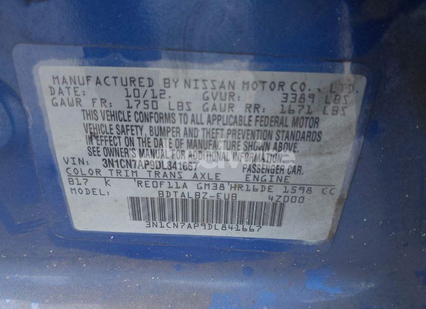 Photo 9 of 2013 Nissan Versa 1.6 SV (VIN 3N1CN7AP9DL841667)