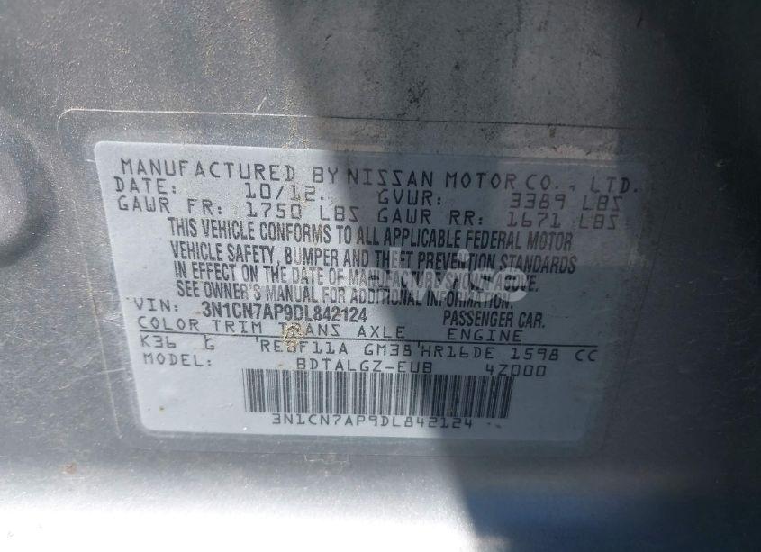 Photo 9 of 2013 Nissan Versa 1.6 SL (VIN 3N1CN7AP9DL842124)