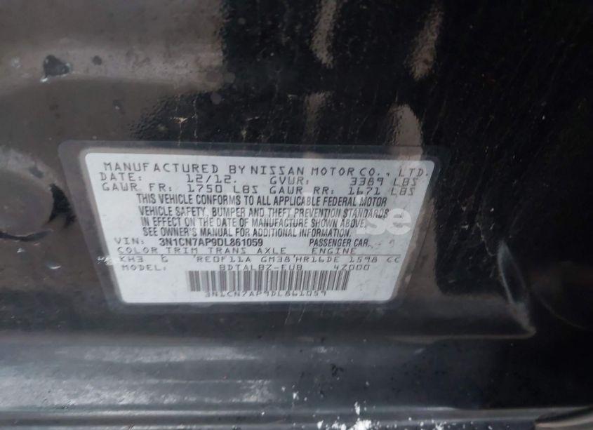 Photo 9 of 2013 Nissan Versa 1.6 SV (VIN 3N1CN7AP9DL861059)