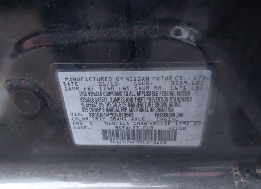 Photo 9 of 2013 Nissan Versa 1.6 SV (VIN 3N1CN7AP9DL870652)