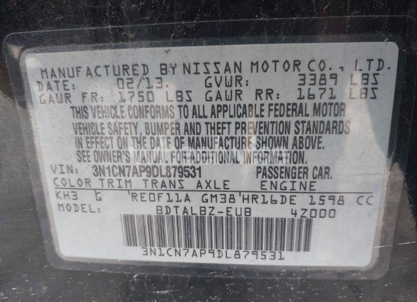 Photo 9 of 2013 Nissan Versa 1.6 SV (VIN 3N1CN7AP9DL879531)