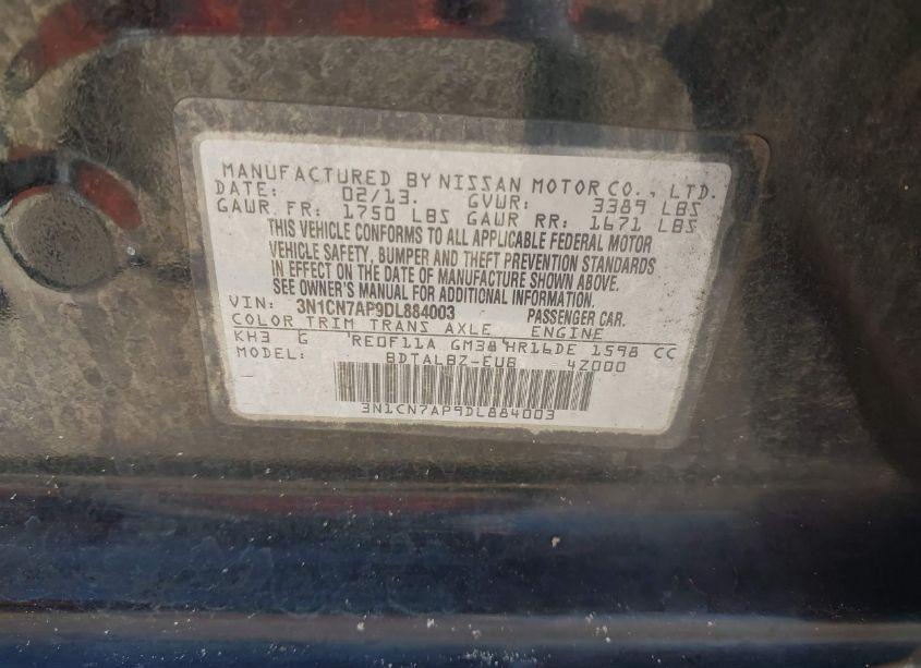 Photo 9 of 2013 Nissan Versa 1.6 SV (VIN 3N1CN7AP9DL884003)