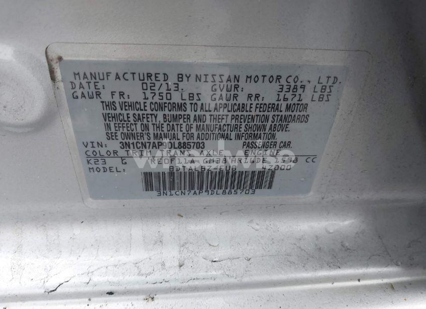 Photo 9 of 2013 Nissan Versa 1.6 SV (VIN 3N1CN7AP9DL885703)