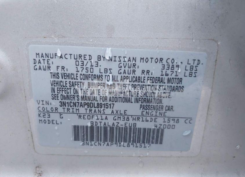 Photo 9 of 2013 Nissan Versa 1.6 S+ (VIN 3N1CN7AP9DL891517)