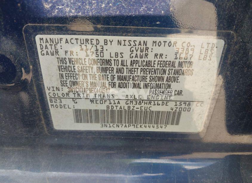 Photo 9 of 2014 Nissan Versa 1.6 SV (VIN 3N1CN7AP9EK444547)