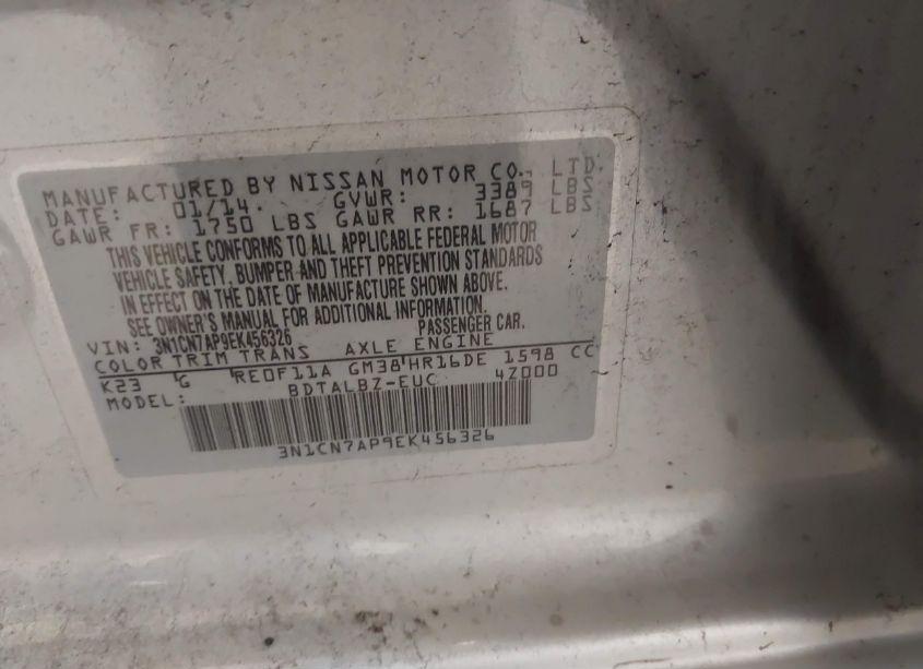 Photo 9 of 2014 Nissan Versa 1.6 SV (VIN 3N1CN7AP9EK456326)