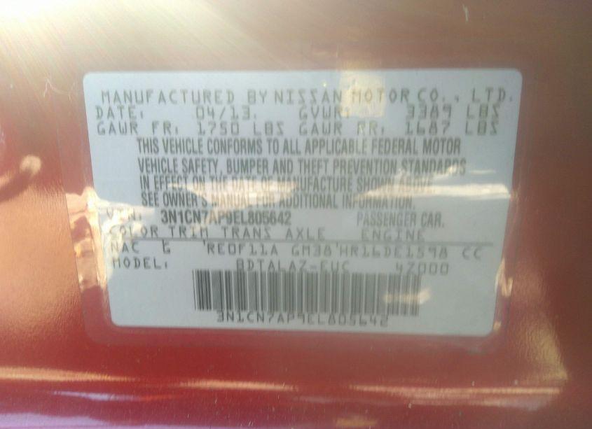 Photo 9 of 2014 Nissan Versa 1.6 S+ (VIN 3N1CN7AP9EL805642)