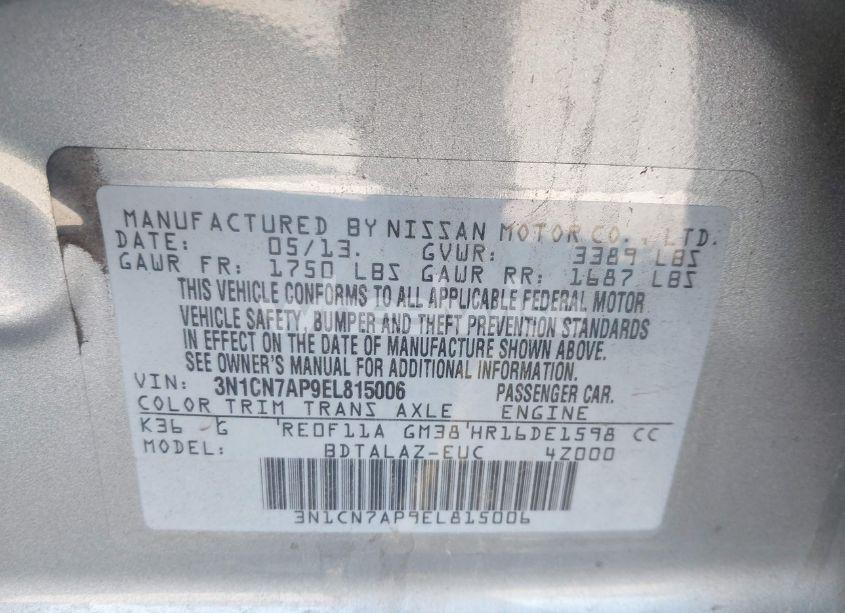 Photo 9 of 2014 Nissan Versa 1.6 S+ (VIN 3N1CN7AP9EL815006)