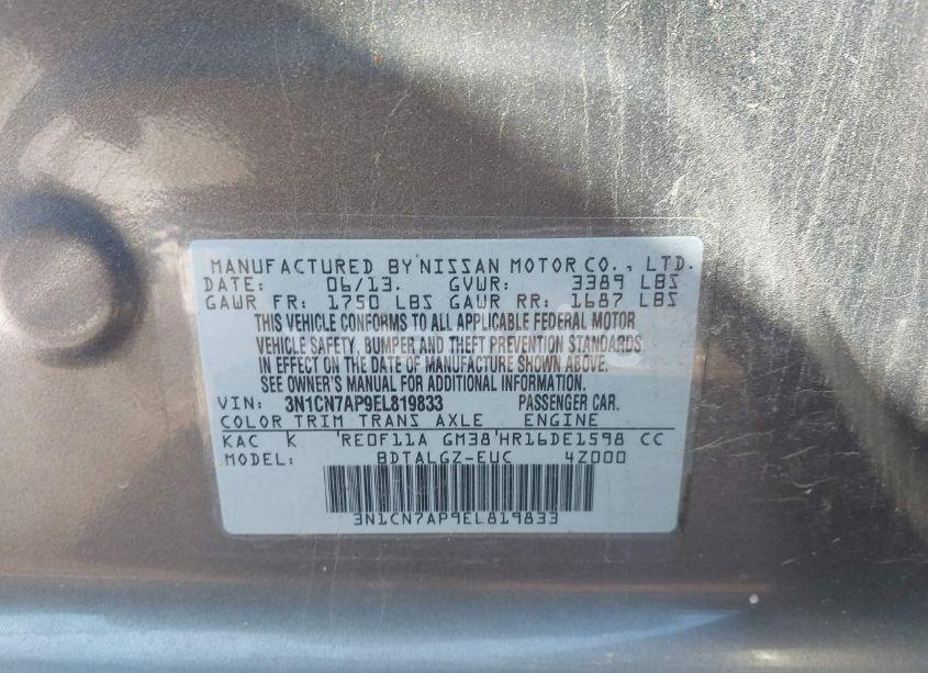 Photo 9 of 2014 Nissan Versa 1.6 SL (VIN 3N1CN7AP9EL819833)