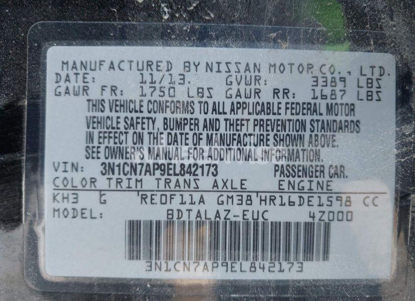 Photo 9 of 2014 Nissan Versa 1.6 S+ (VIN 3N1CN7AP9EL842173)