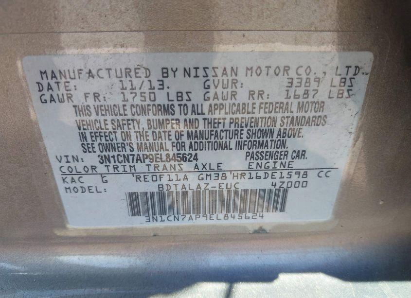 Photo 9 of 2014 Nissan Versa 1.6 S+ (VIN 3N1CN7AP9EL845624)