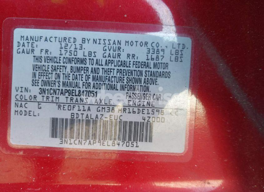 Photo 9 of 2014 Nissan Versa 1.6 S+ (VIN 3N1CN7AP9EL847051)