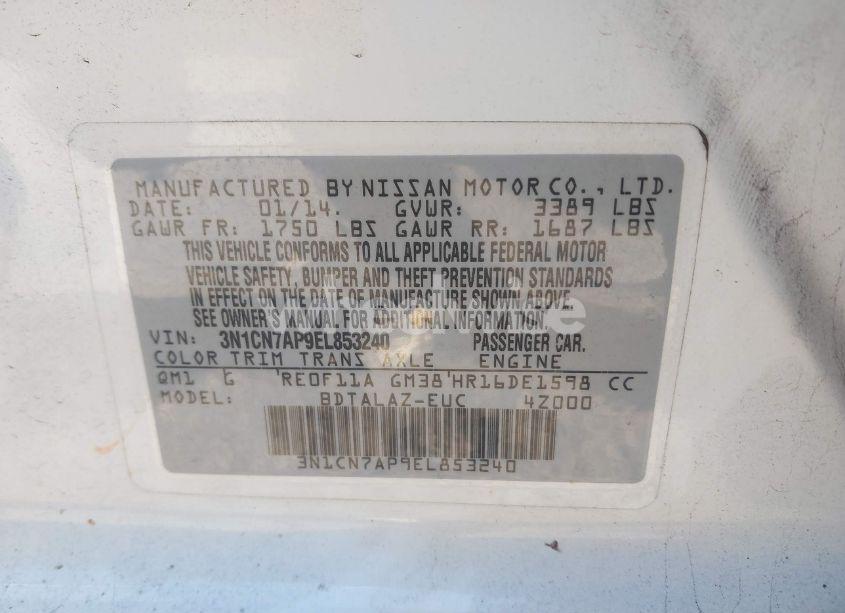 Photo 9 of 2014 Nissan Versa 1.6 S+ (VIN 3N1CN7AP9EL853240)