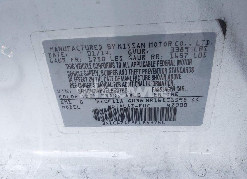 Photo 9 of 2014 Nissan Versa 1.6 S+ (VIN 3N1CN7AP9EL853786)