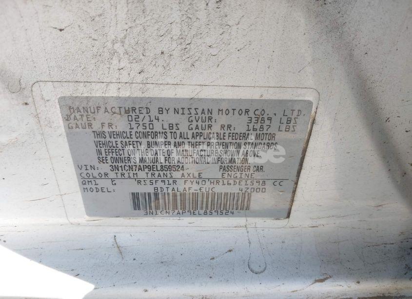 Photo 9 of 2014 Nissan Versa 1.6 S (VIN 3N1CN7AP9EL859524)
