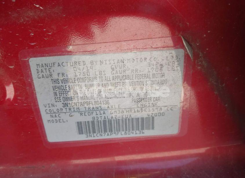 Photo 9 of 2015 Nissan Versa 1.6 S+ (VIN 3N1CN7AP9FL804136)